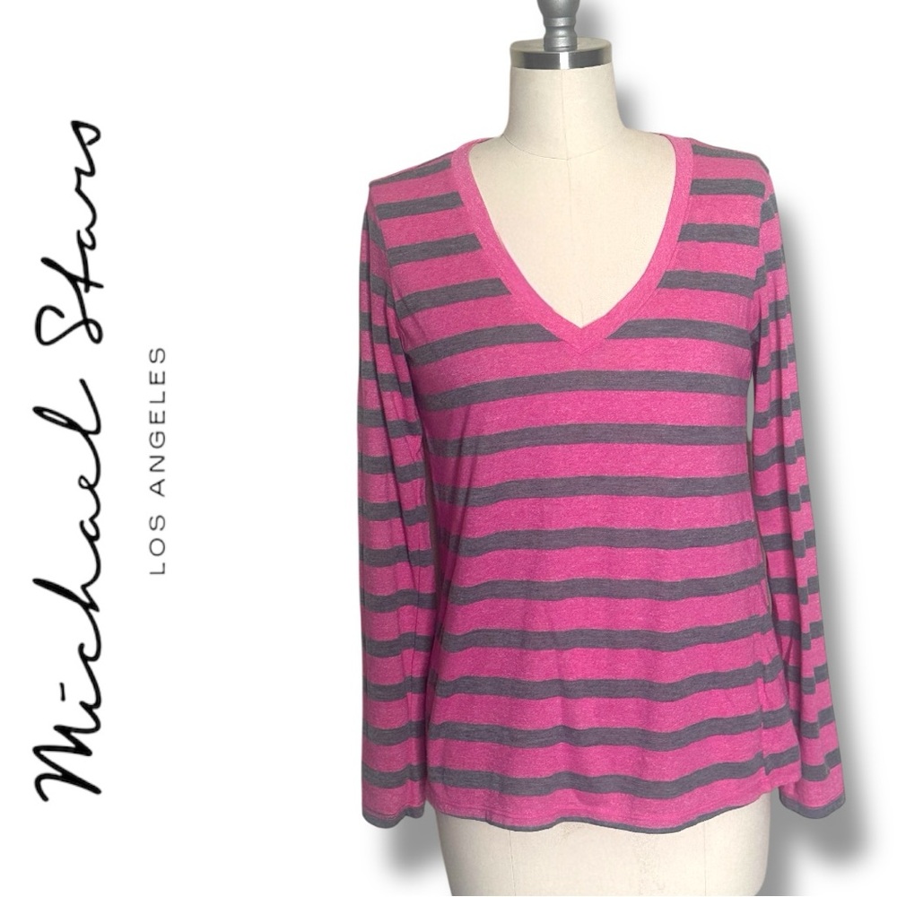 Michael Stars Pink and Gray Striped Long Sleeve Top OS